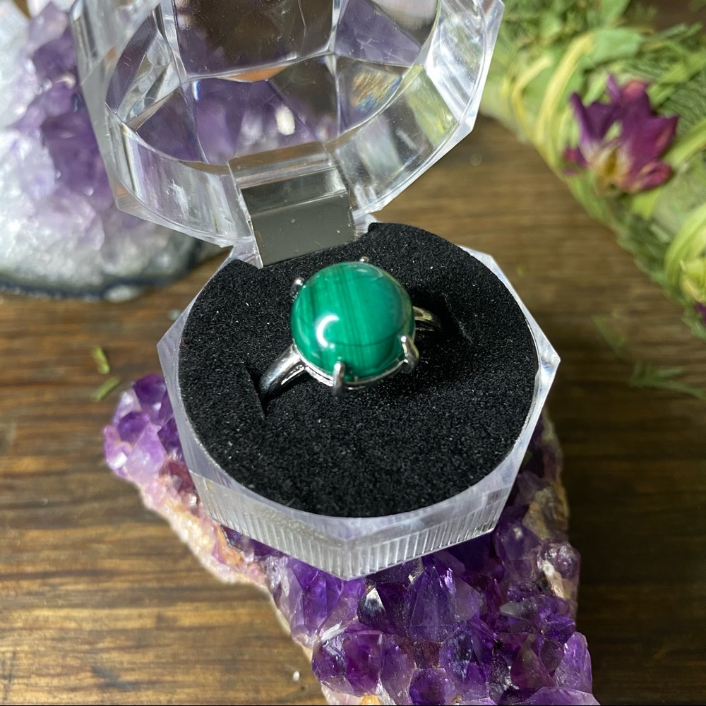 Malachite Silver Gemstone Adjustable Ring Stone Natural Green Circle Dome Rock